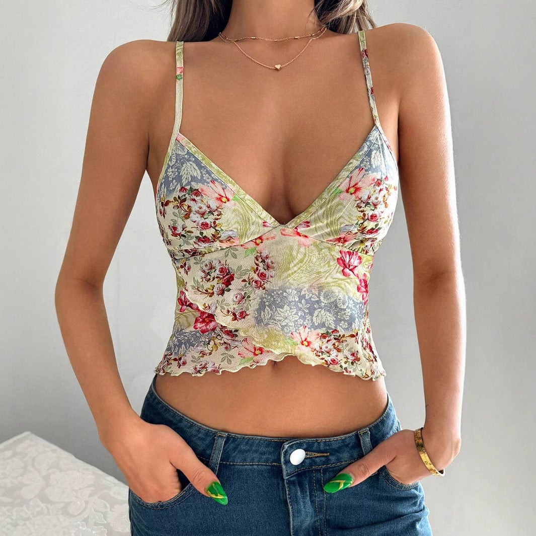 Damen gerafftes Blusentop mit feinem Floral-Print und zarten Spaghetti-Trägern R&B