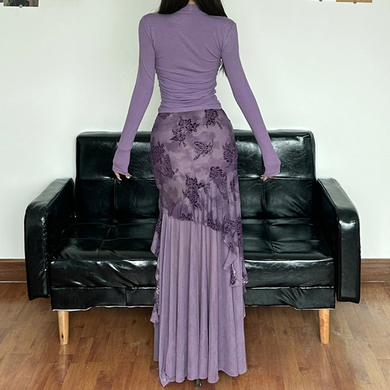 Damen eleganter asymmetrischer Maxirock mit floralen Verzierungen R&B