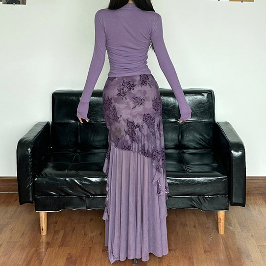 Damen eleganter asymmetrischer Maxirock mit floralen Verzierungen R&B