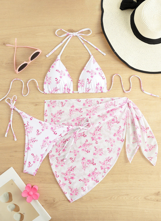 Damen Triangel-Bikini mit floralem Muster und zartem Cover-Up R&B