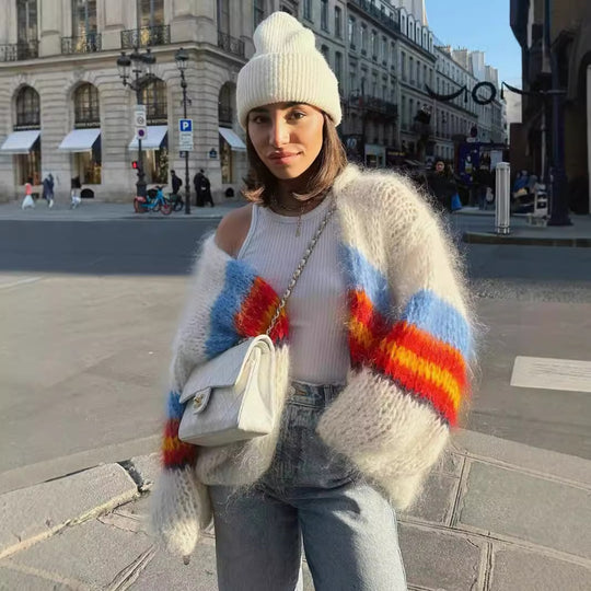 Damen lässiger Strickcardigan mit bunten Streifen und weitem Schnitt R&B