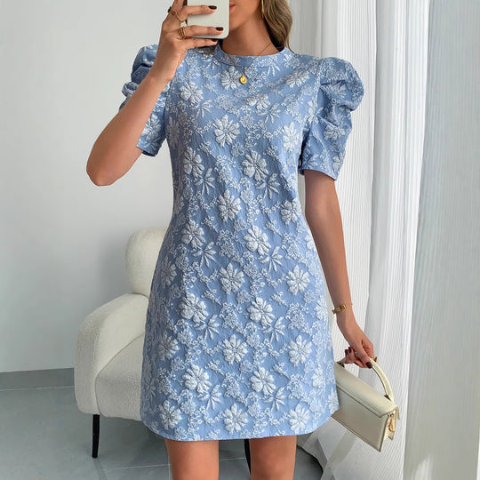 Damen Minikleid mit Puffärmeln und floralen Stickereien R&B