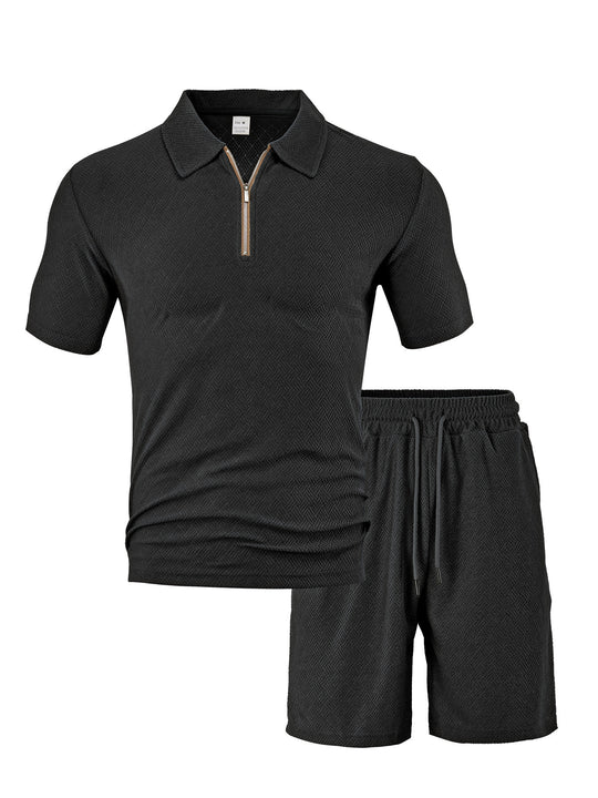 Herren nan komfortables Kurzarm-Halbzip-Set mit Polokragen und elastischer Kordelhose aus Strukturstrick R&B