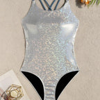Damen Einteiler Badeanzug mit schimmerndem Netzdesign R&B