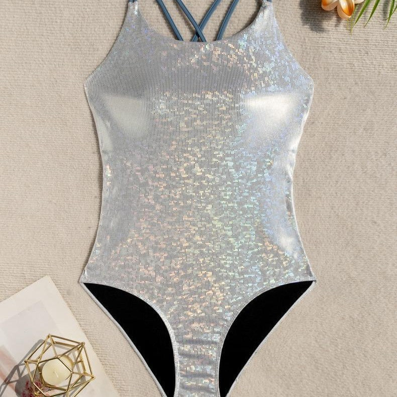 Damen Einteiler Badeanzug mit schimmerndem Netzdesign R&B