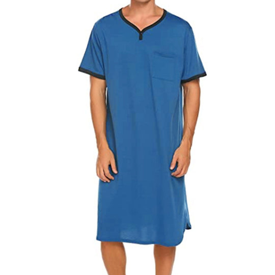 Herren nan langes Baumwoll-Schlafshirt mit Henley-Kragen R&B