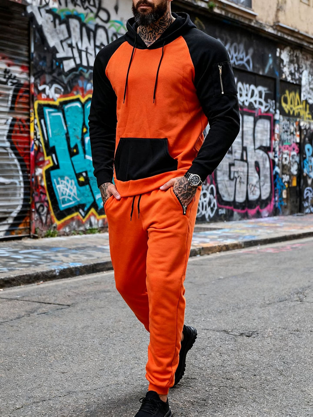 Herren nan zweiteiliges Kapuzen-Sweatset mit Raglanärmeln, Ärmel-Zip-Tasche und tapered Jogginghose R&B