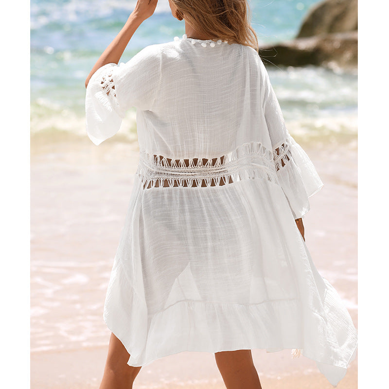Damen Strandkleid mit offener Front und dekorativen Häkelelementen R&B