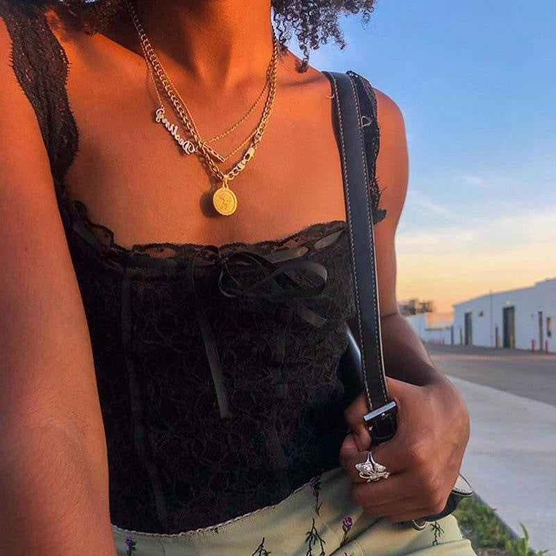 Damen Spitzen-Crop-Top mit dekorativen Bändern und feinen Details R&B