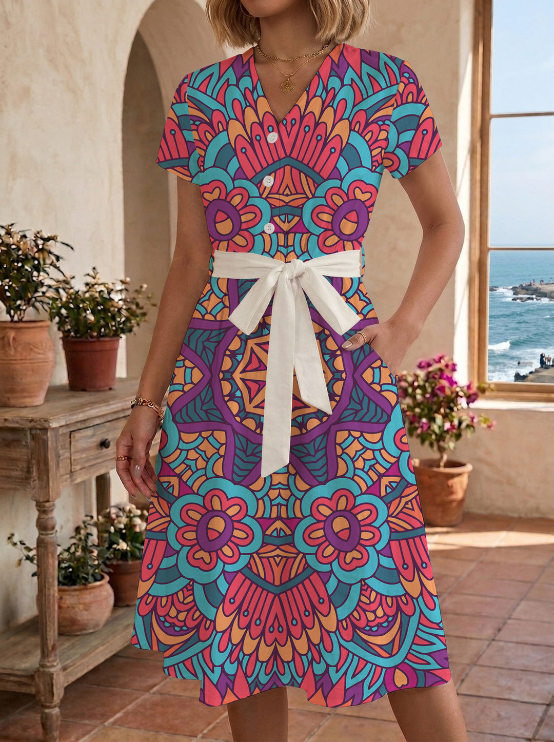 Damen Midi-Kleid mit floralem Design und bequemer Passform R&B