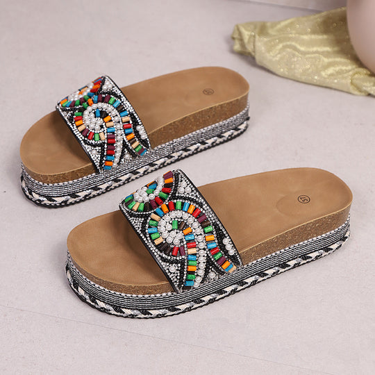 Damen Plateausandalen mit bunten Perlenverzierungen und komfortablem Fußbett R&B