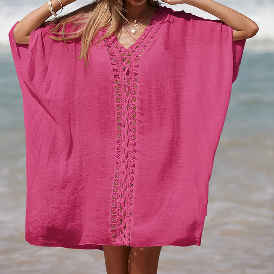 Damen eleganter Strandponcho mit raffinierten Häkelakzenten und tiefem V-Ausschnitt R&B