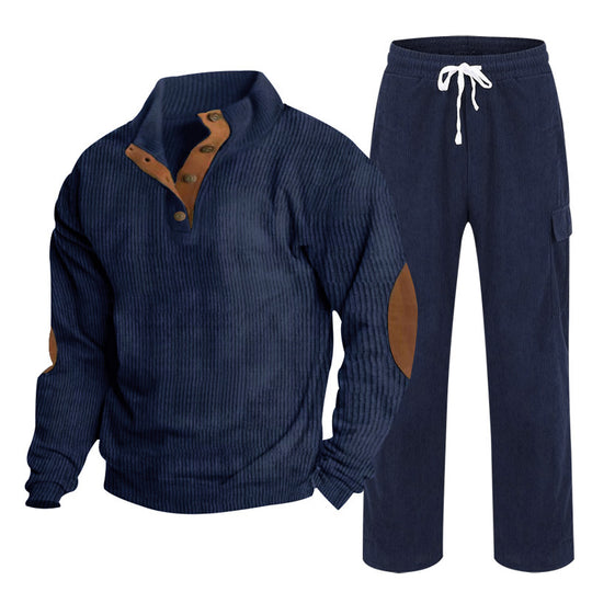 Herren nan Strick-Freizeitset mit Knopfleiste und Ellenbogenaufnähern sowie Cord-Cargohose R&B