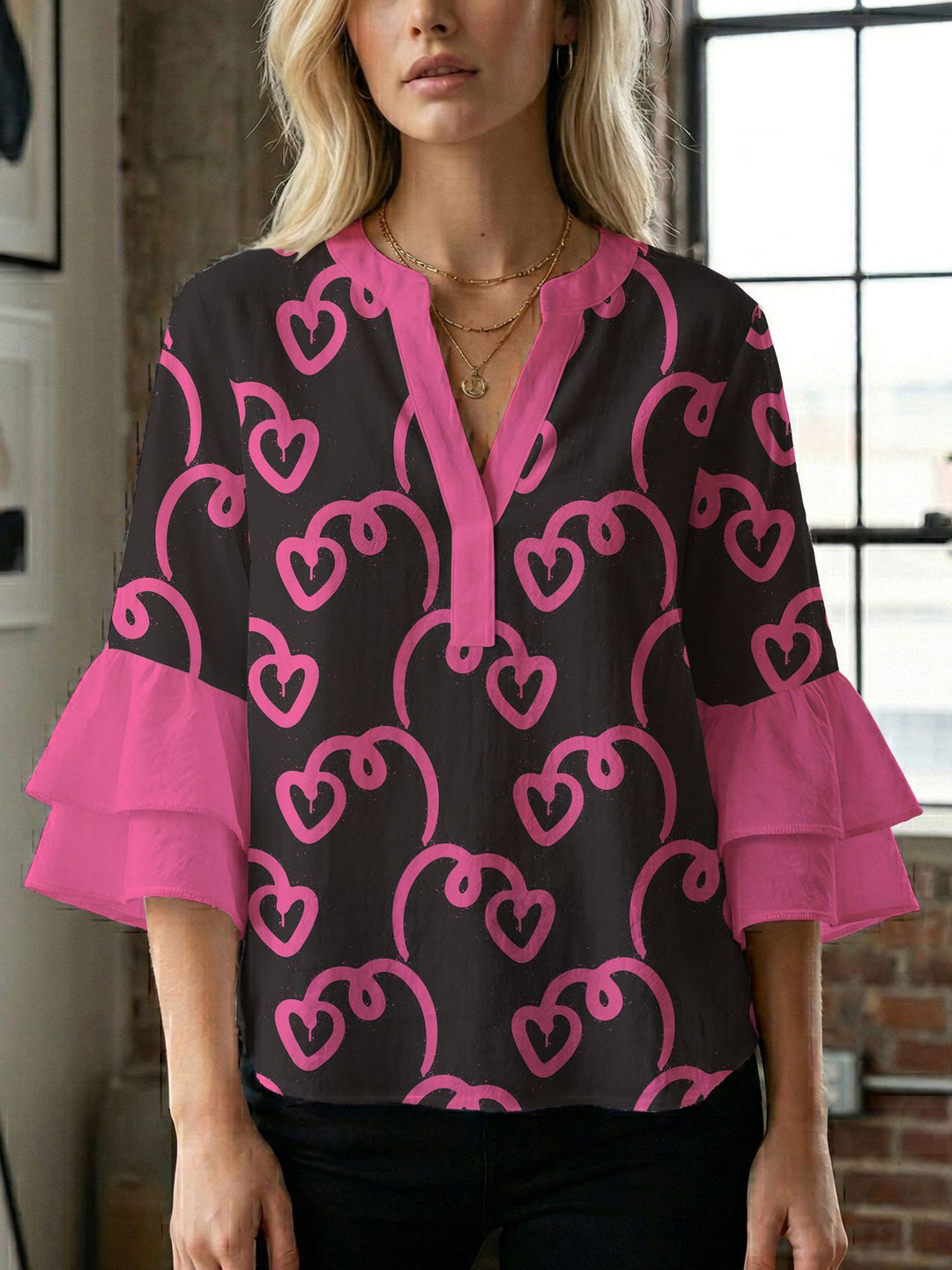 Damen Blusenshirt mit voluminösen Ärmeln und kreativem Druckdesign R&B