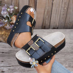 Damen Komfortable Wedge-Pantoletten mit verstellbarem Riemendesign und dekorativen Schnallen R&B