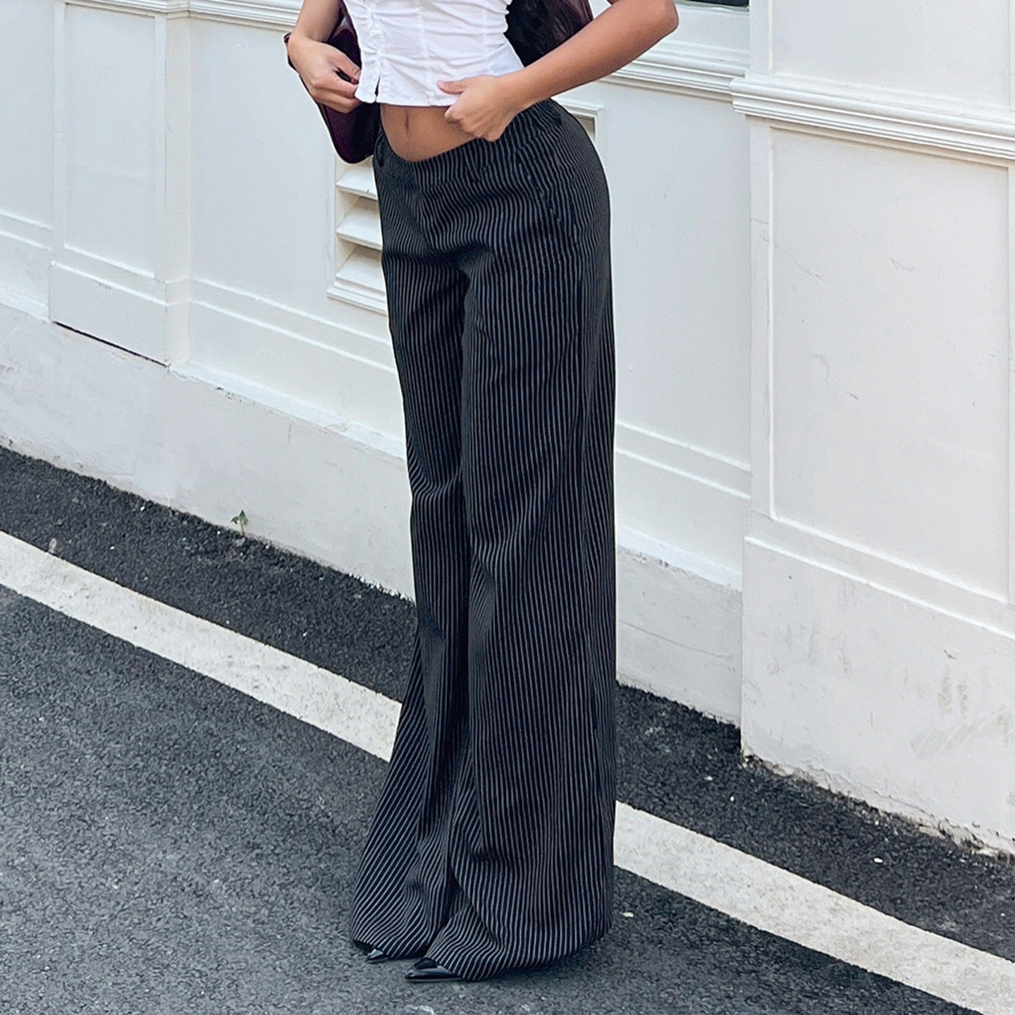 Damen elegante Schlaghose mit vertikalen Streifen R&B