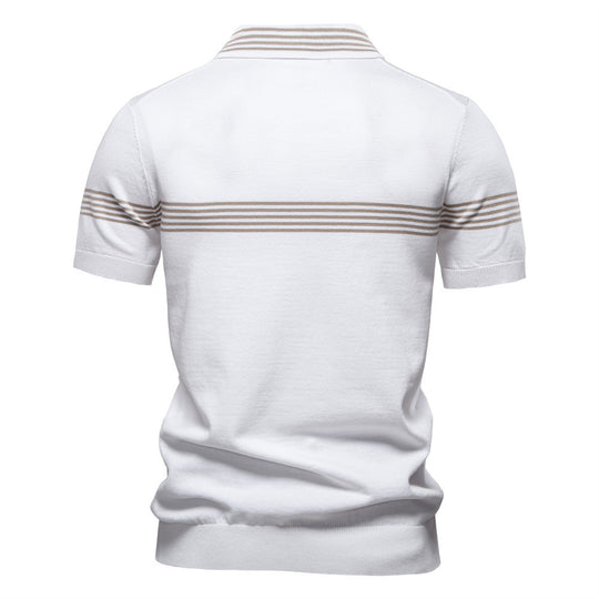Herren nan edles Feinstrick-Poloshirt mit kurzem Metallreißverschluss, Bündchenärmeln und kontrastierten Streifenbändern R&B
