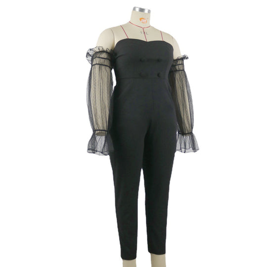 Damen eleganter Jumpsuit mit transparenten Puffärmeln R&B