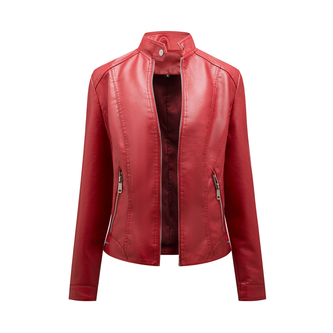 Damen modische Kunstlederjacke mit elegantem Stehkragen und praktischen Reißverschlusstaschen R&B