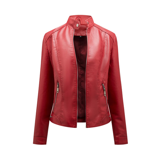 Damen modische Kunstlederjacke mit elegantem Stehkragen und praktischen Reißverschlusstaschen R&B