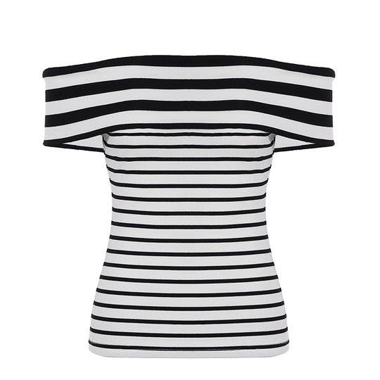 Damen Off-Shoulder Oberteil mit gestreiftem Design und breitem Kragen R&B