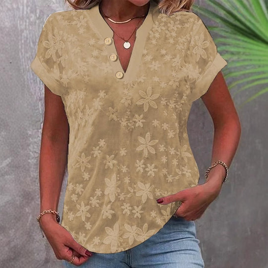 Damen Bluse mit floralem Stickmuster und klassischem V-Ausschnitt R&B