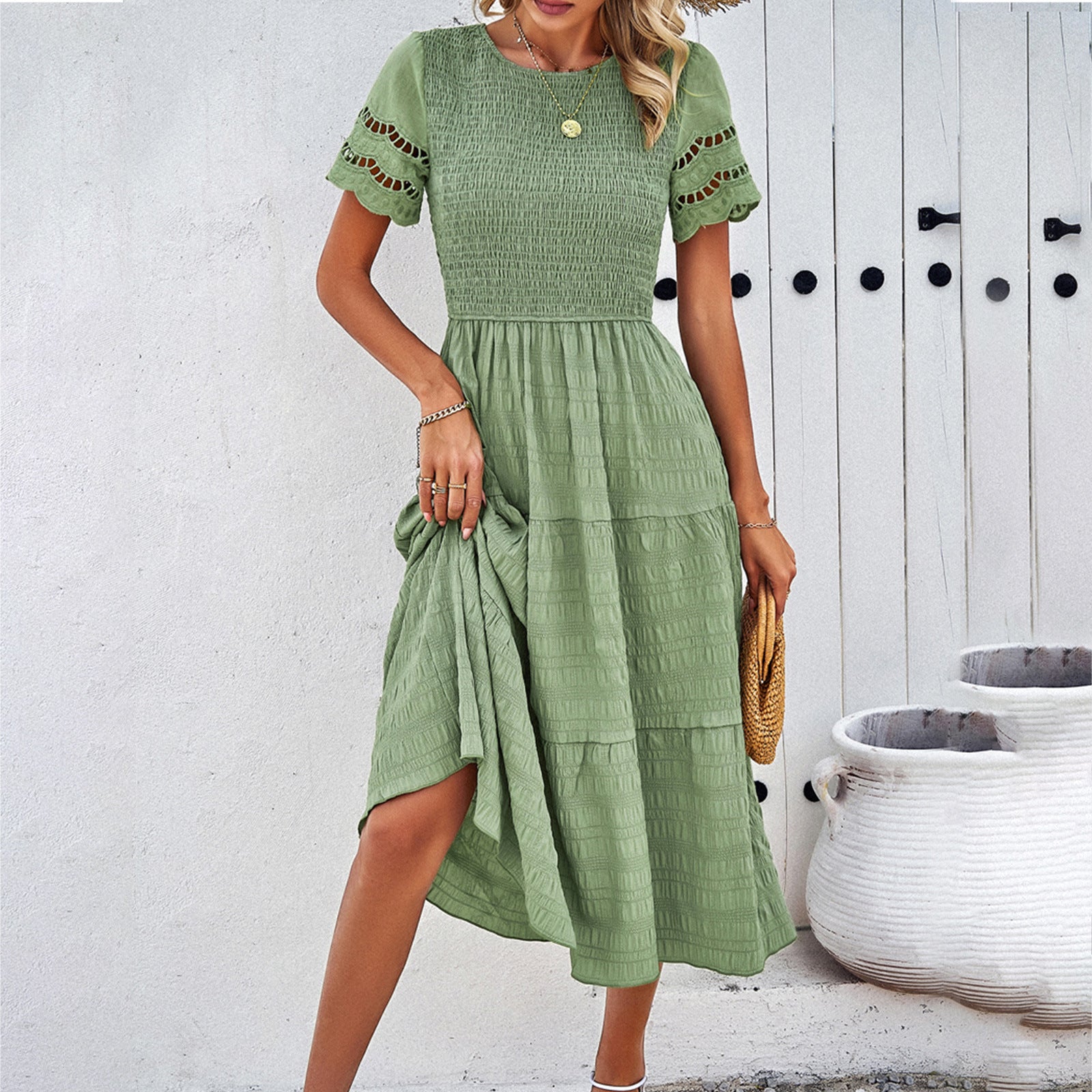 Damen Midikleid mit Puffärmeln und Elastischem Oberteil R&B