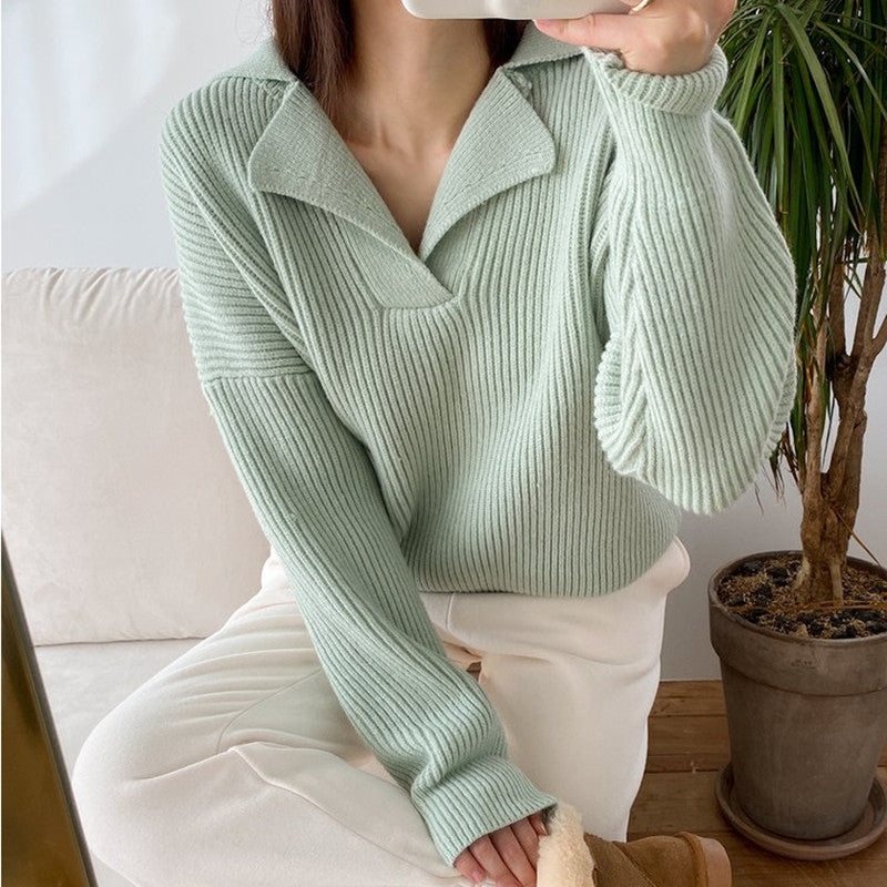 Damen lässiger Feinstrickpullover mit weichem Kragen und Rippstruktur R&B