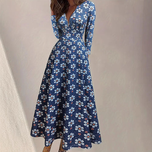 Damen Maxikleid mit tiefem V-Ausschnitt und floralen Motiven R&B