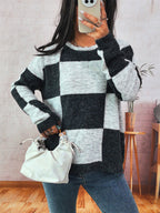 Damen Grobstrickpullover mit modernem Karomuster und lässigem Schnitt R&B