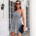 Damen Langarm-Kleid mit einseitigem Träger und lässigem Karomuster R&B