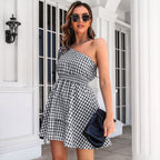 Damen Langarm-Kleid mit einseitigem Träger und lässigem Karomuster R&B