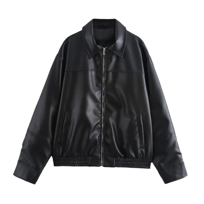 Damen modische Kunstlederjacke mit elastischem Bund R&B