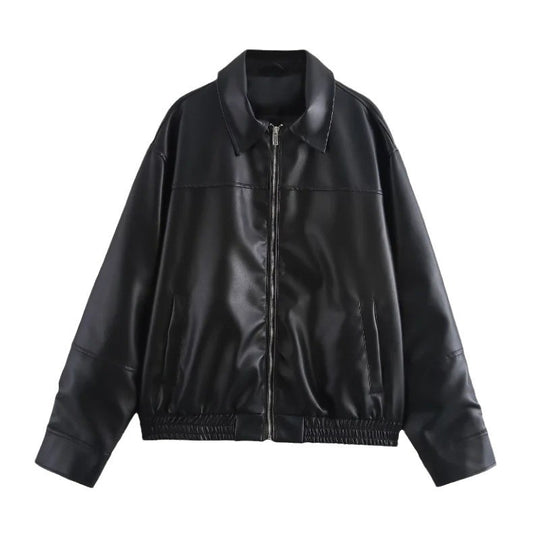 Damen modische Kunstlederjacke mit elastischem Bund R&B