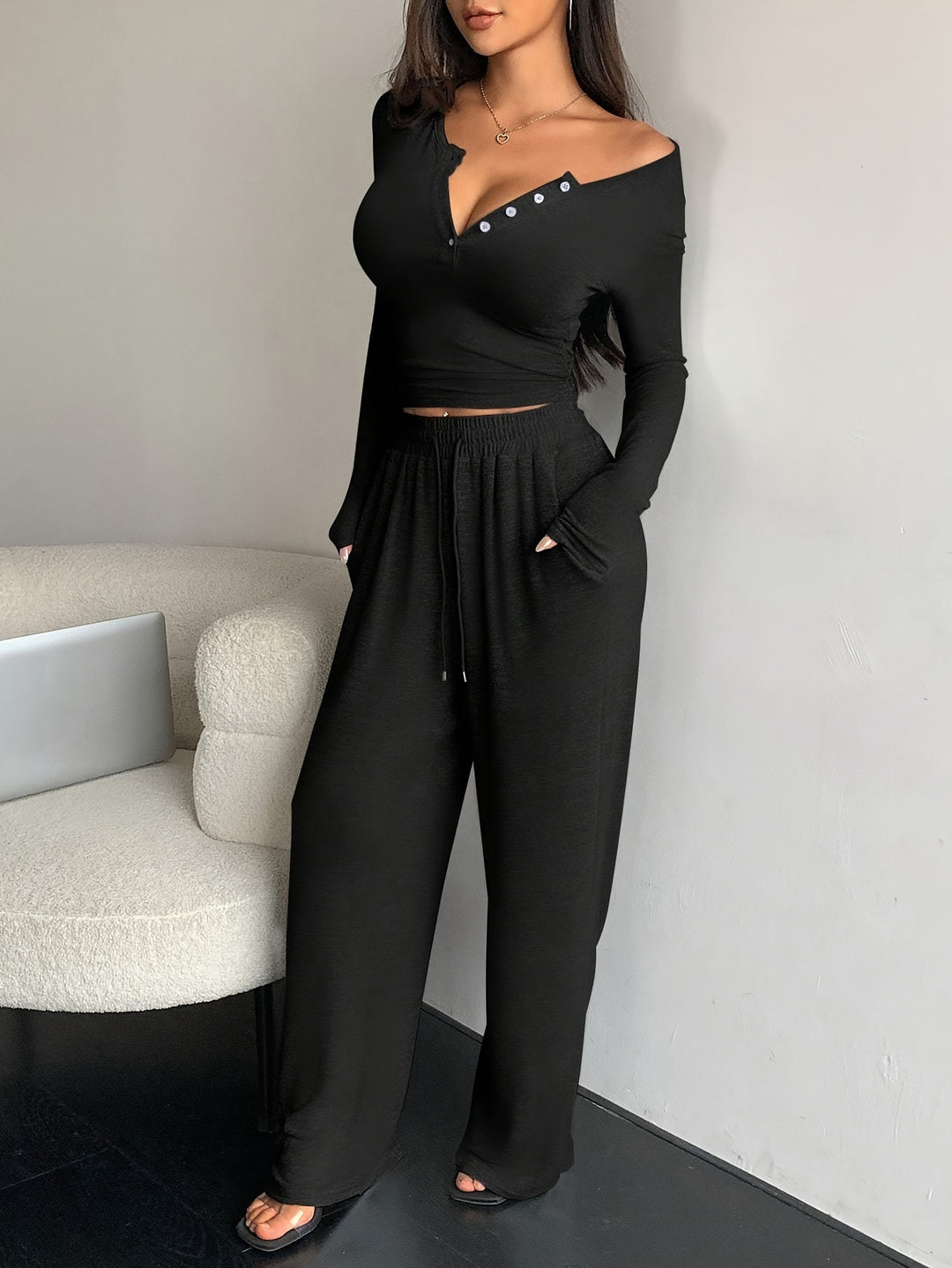 Damen Set aus lässigem Langarmoberteil und bequemen Palazzohose R&B