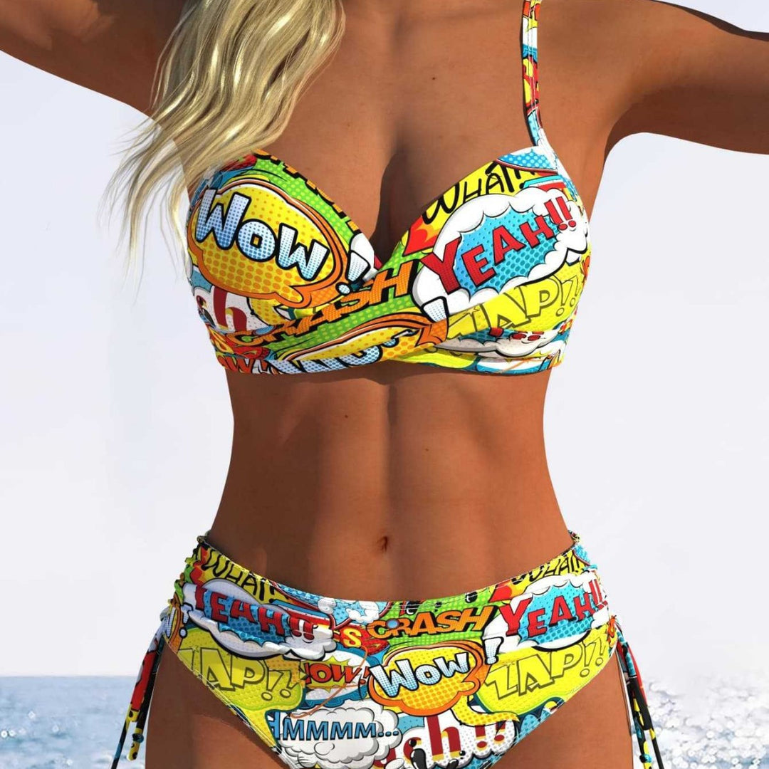 Damen Bikini-Set mit verspieltem Comic-Print und verstellbaren Seitenschnüren R&B