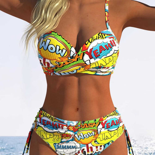 Damen Bikini-Set mit verspieltem Comic-Print und verstellbaren Seitenschnüren R&B