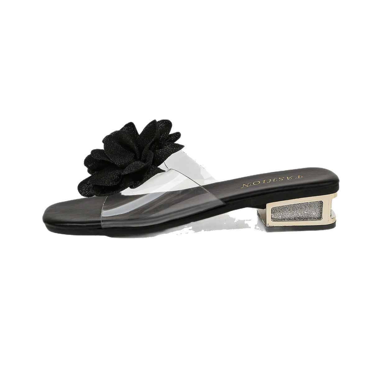 Damen Slides mit floralen Applikationen und funkelndem Blockabsatz R&B