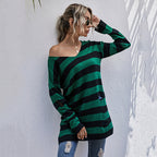 Damen gestreifter Oversized Pullover mit tiefem V-Ausschnitt und trendigen Cut-Outs R&B