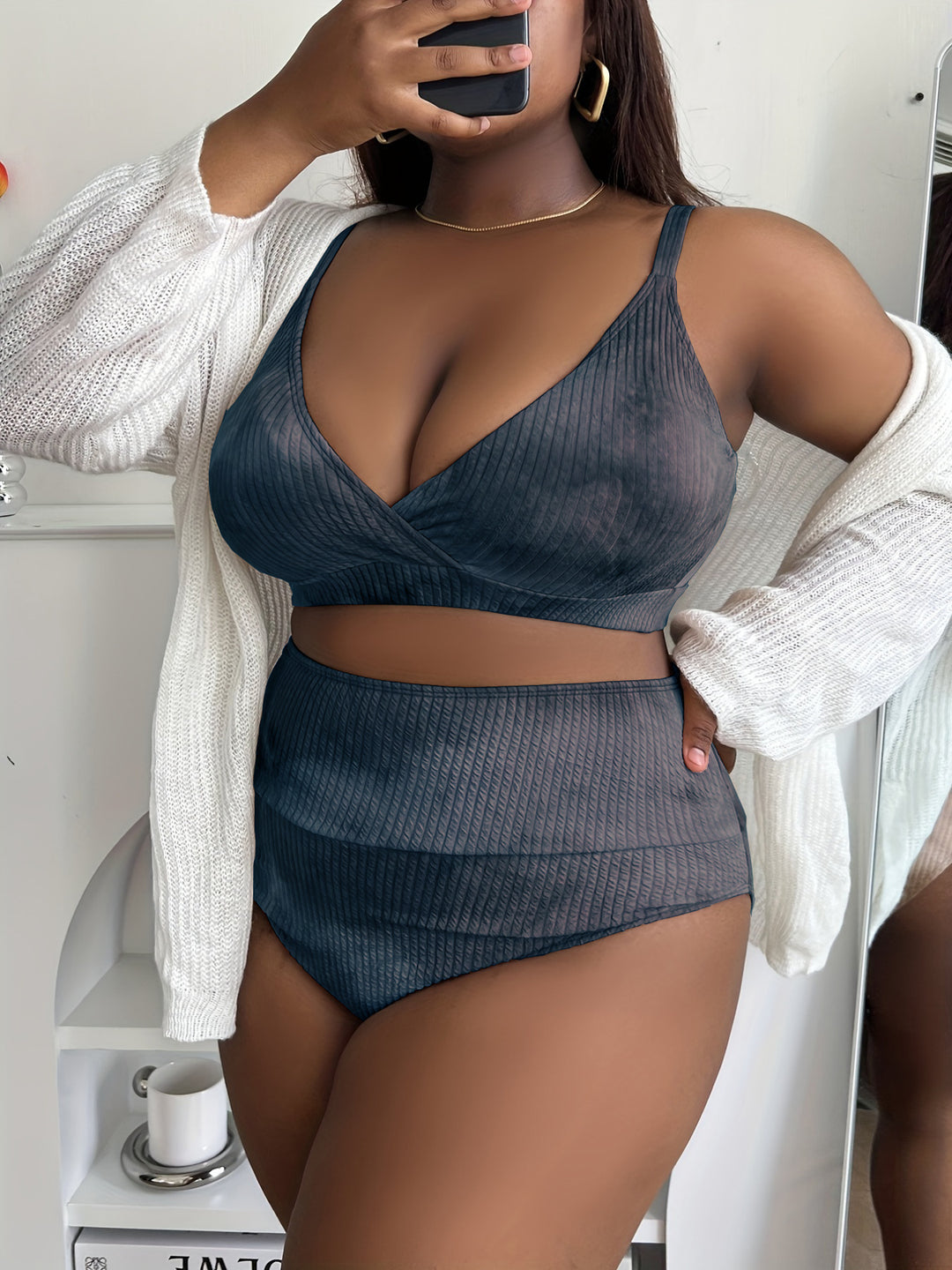 Damen Hoch tailliertes Bikini-Set mit raffiniertem Ripp-Design R&B