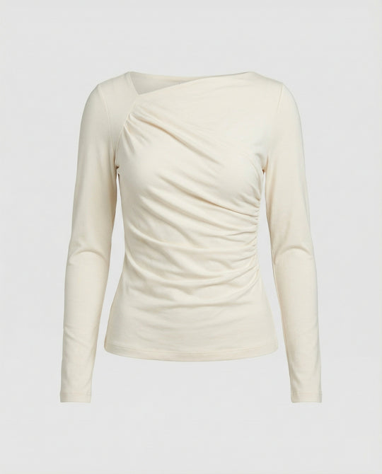 Figurbetontes Damen Langarmshirt mit Rundhals und eleganten Falten