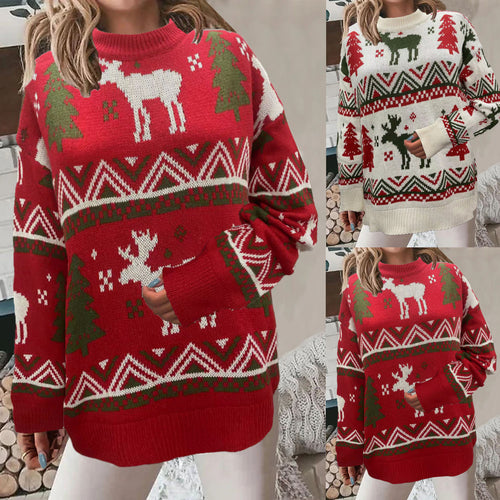Damen Gemütlicher Weihnachts-Pullover mit festlichem Motiv und hoher Passform R&B