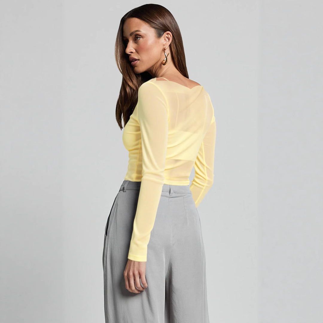 Damen Elegantes Langarmoberteil mit transparentem Mesh und Raffung R&B