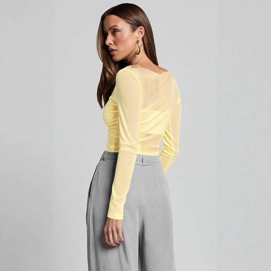 Damen Elegantes Langarmoberteil mit transparentem Mesh und Raffung R&B