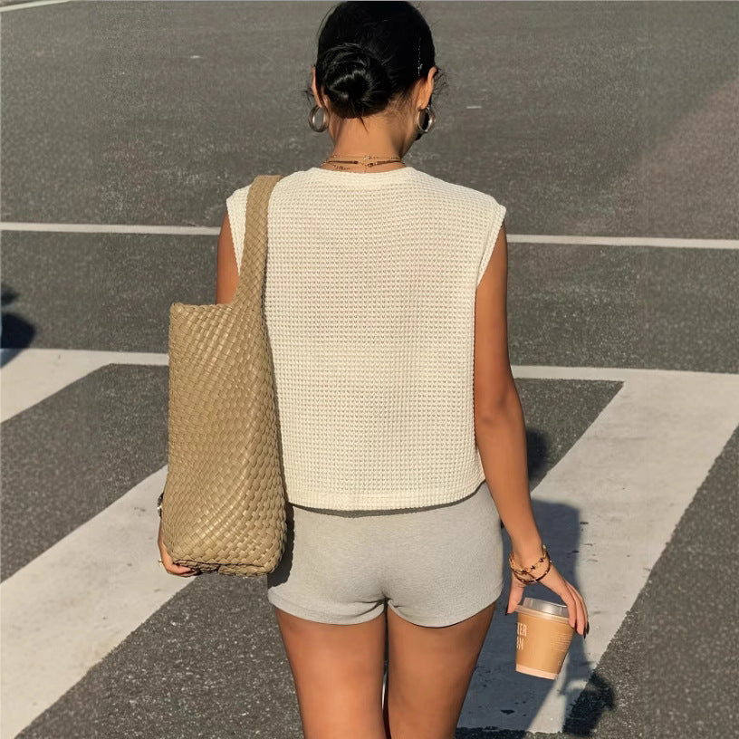 Damen lockeres Waffelstrick-Top mit lässigem Schnitt R&B