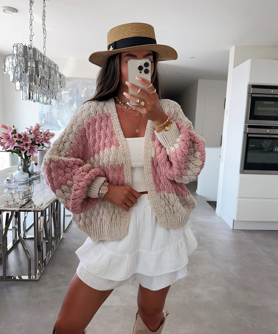 Damen Grobstrickjacke mit grafischem Muster und voluminösen Ärmeln R&B