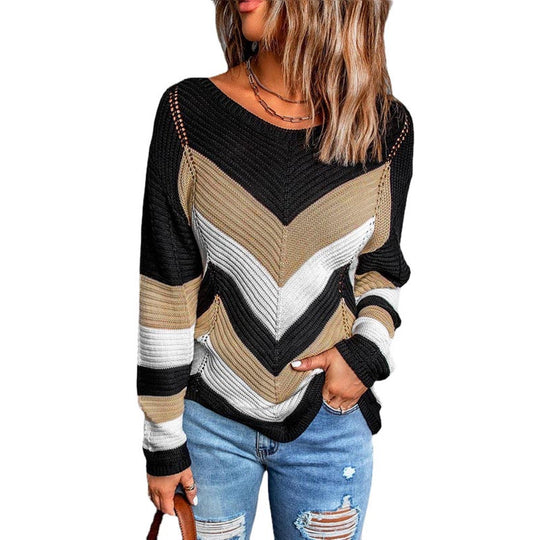 Damen Modischer Strickpullover mit Chevron-Muster und lockerer Passform R&B