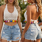Damen Häkelcroptop mit bunten Pompons R&B