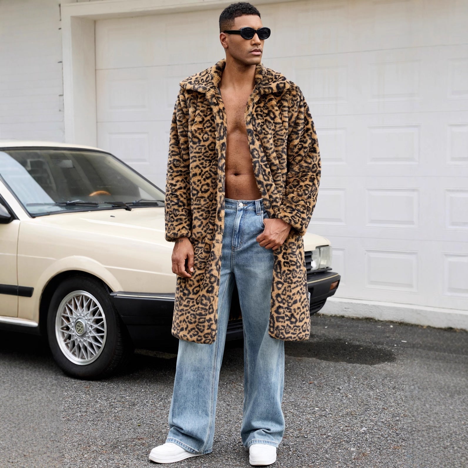 Herren Luxus Kunstpelzmantel mit Leopardenmuster R&B