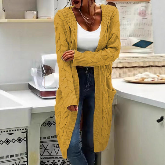Damen Strickjacke im lässigen Langschnitt mit Zopfmuster und praktischen Taschen R&B